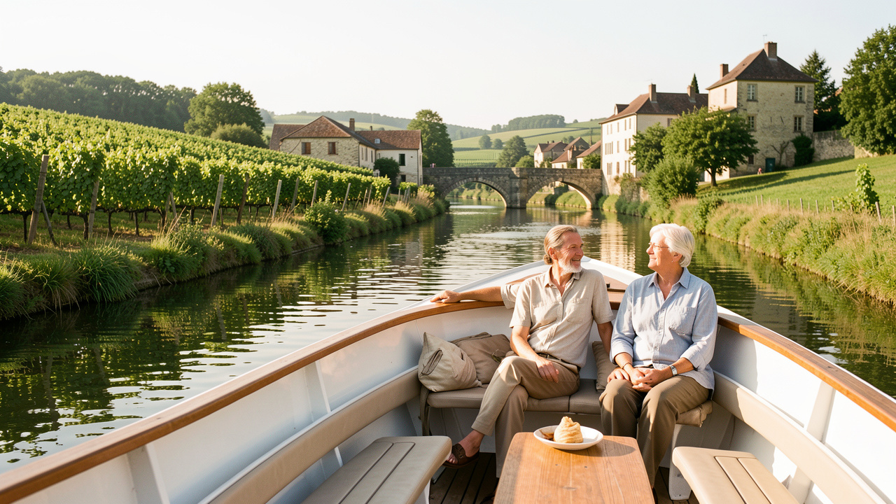 Un homme et une femme seniors profitent paisiblement d’une croisière en péniche sur un canal de Bourgogne, entourés de vignes et de paysages verdoyants.