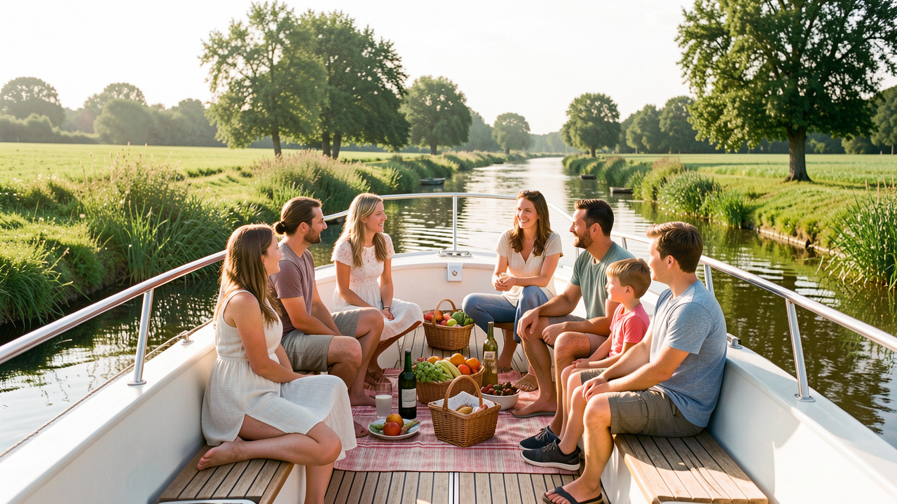 Une famille de huit personnes profite d’une croisière paisible en péniche au milieu d’un paysage verdoyant.