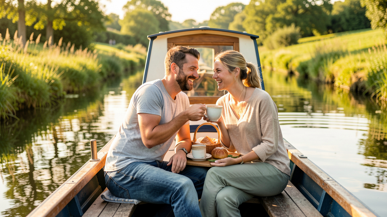 Un homme et une femme profitent d’un week-end romantique à bord d’une péniche sur un canal entouré de verdure.