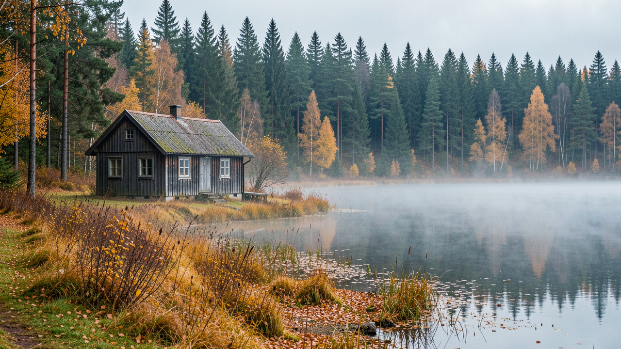 Cabane en bois isolée au bord d’un lac du Värmland en automne, entourée de conifères et enveloppée d’une légère brume.