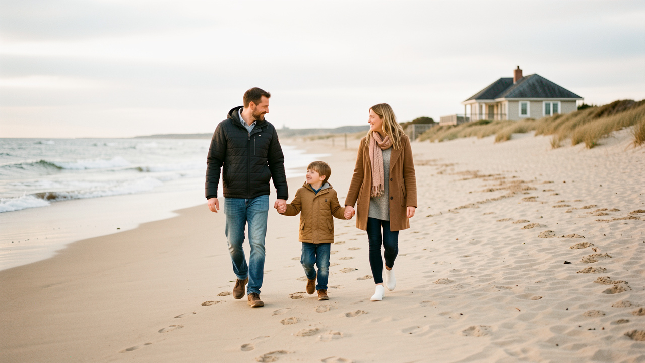 Une famille composée d’un homme, d’une femme, d’un jeune garçon et d’une jeune fille marche main dans la main sur une plage française en octobre, sous une douce lumière d’automne, avec une résidence de vacances discrète à l’arrière-plan.