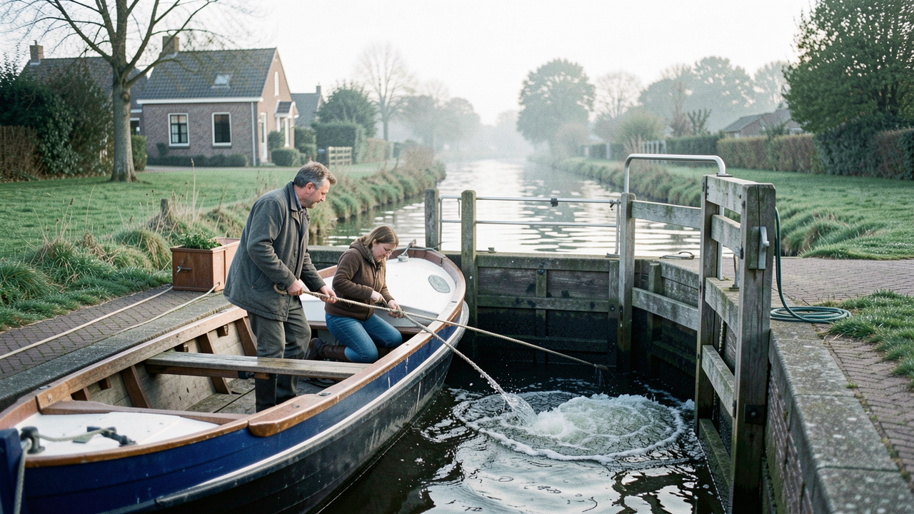 Un homme et une femme manœuvrent ensemble une petite péniche dans une écluse, entourés d’un paysage paisible au bord d’un canal.