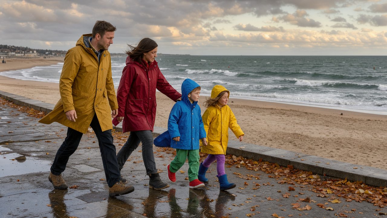 Une famille composée de deux adultes et de deux enfants en imperméables marche sur la promenade de la Grande Plage à Biarritz, sous un ciel automnal changeant.