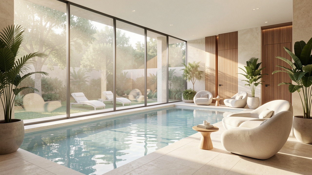 Suite lumineuse d’un spa médical de luxe avec baie vitrée, bassin intérieur, mobilier élégant et atmosphère calme.